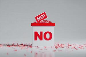 A voting box prominently displays the word NO, surrounded by red shredded paper. A card marked NO is being inserted, highlighting strong dissent during the election process. photo