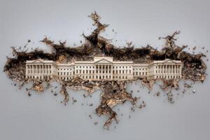 A detailed artwork showcases a historical building breaking through cracked earth, symbolizing decay and resilience. The scene captures a blend of architectural features and natural elements. photo