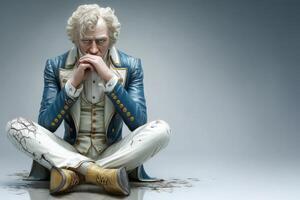 A man with white hair is seated on a cracked surface, deep in thought. He is wearing a striking blue coat with golden buttons and light-colored trousers. photo