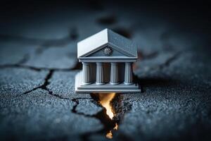 A small model of a classical building rests on cracked asphalt. A warm glow shines from the cracks, creating a dramatic contrast against the dark surroundings and enhancing the architectural details. photo
