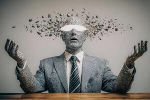An imaginative representation showcases a suited figure with a disintegrating head, surrounded by floating debris. The setting is minimalistic, emphasizing the surreal concept of mental overload. photo