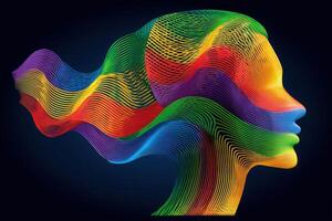 A vibrant depiction of a womans profile emerges from fluid, colorful waves that flow through the air. The artwork showcases creativity and movement with spiral patterns and dynamic colors. photo