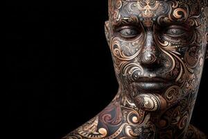 A beautifully crafted human sculpture adorned with elaborate patterns and swirling designs stands out against a black background. photo