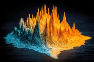 A vibrant display of fine powder arranged in a mountain-like structure, showcasing a gradient of colors from blue to orange. The intricate details highlight the texture and depth of the formation. photo