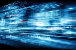 Bright blue lines and graphs convey rapid information flow in a futuristic digital landscape, reflecting data analytics and technology advancements. photo