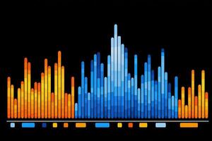 A vibrant soundwave representation displays audio levels with tall bars in blue and orange hues. The visualization showcases fluctuations in frequency, highlighting dynamic sound patterns. photo