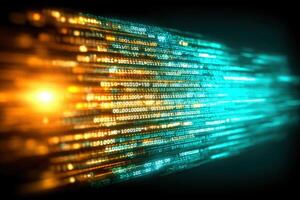 Bright blue and orange binary numbers flow dynamically toward the viewer, creating a sense of movement. photo