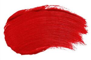 A bold red paint stroke is applied to a clean white surface, emphasizing the smooth texture and vibrant hue. The stroke showcases the interplay of light and shadow, creating visual interest. photo