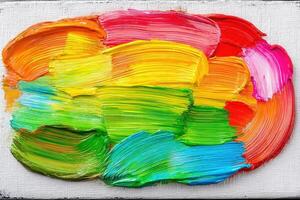 A dynamic display of paint strokes in an array of bright colors. The artwork features sweeping brush strokes blending hues of red, orange, yellow, green, blue, and pink on a textured canvas. photo