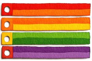 Four horizontal strips of textured paper display bright, rainbow colors. The colors transition smoothly from red to orange, yellow, green, and purple. Each strip has a circular hole at one end. photo
