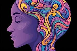 A side profile of a woman showcases her features against a dark backdrop. Her flowing hair appears as a dynamic swirl of vibrant colors and intricate patterns, reflecting creativity. photo