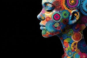 A striking profile of a woman adorned with a vibrant mix of abstract shapes and geometric patterns. photo