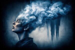 A woman stands in profile with her eyes closed, featuring a surreal hairstyle made of wispy clouds. The dark background contrasts with the ethereal smoke, creating a dreamlike atmosphere. photo