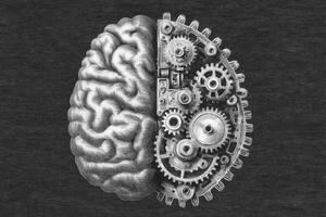 A detailed illustration showcases a human brain split in half. One side features intricate gears and mechanical elements, symbolizing the blend of organic thought with technological innovation. photo