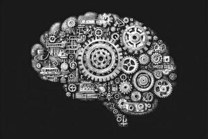 A detailed illustration presents a brain creatively formed from various gears and mechanical components. The design highlights the fusion of thought and engineering, set against a dark background. photo