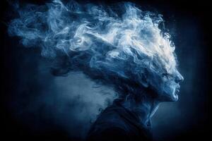 A surreal portrayal of a human head emitting swirling smoke-like thoughts, creating an imaginative scene. photo