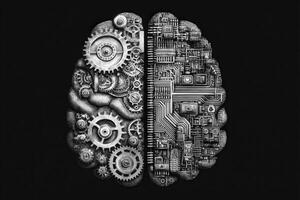This artwork features a brain divided into two halves, one side filled with intricate gears and machinery while the other side displays complex circuitry. photo