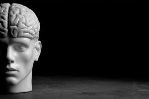 A white sculpture of a human head with a detailed brain design is displayed against a dark background. The focus is on the intricate textures and contours of the brain section, emphasizing artistry. photo