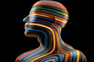 A striking human silhouette filled with vibrant, swirling lines of color stands out against a black background, showcasing an abstract interpretation of movement and energy. photo