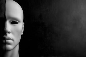 A mannequin with a smooth, expressionless face stands against a stark black background, emphasizing its facelessness. photo