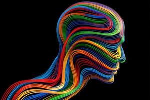 This artwork features a human head silhouette made up of vibrant, flowing lines in multiple colors. The intricate design showcases the dynamic movement of colors against a dark background. photo