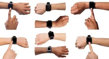 Set of diverse hands using and pointing on smart watch, isolated on white background, copy space photo
