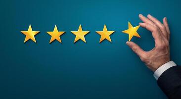 Hand of client giving a one star rating, bad experience, panorama. Service rating, satisfaction and customer experience concept photo