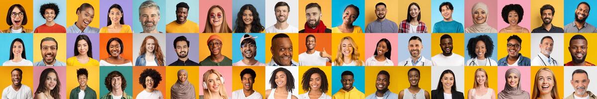 A vibrant collage displaying diverse individuals from various backgrounds, each smiling and showcasing their unique features against colorful backgrounds. photo