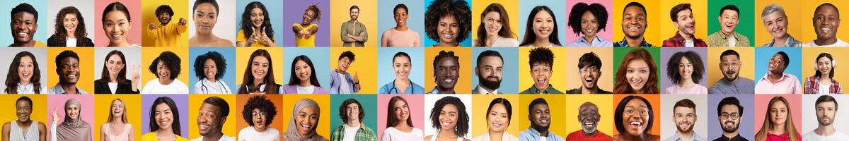 A vibrant collage of diverse individuals displaying lively expressions. This collection highlights a range of skin tones and styles, emphasizing the beauty of diversity and shared joy. photo
