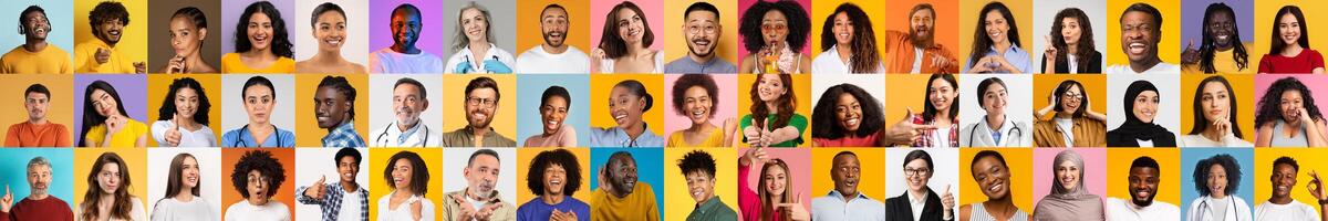 A vibrant collage of portraits featuring diverse individuals with joyful expressions. Each face reflects unique cultural backgrounds, capturing the essence of diversity and unity. photo