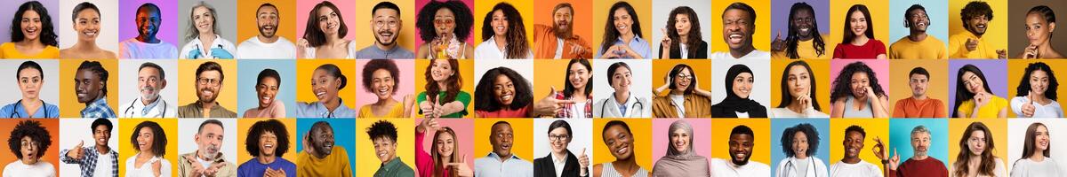 A collection of portraits features diverse individuals smiling and expressing joy against bright backgrounds. photo