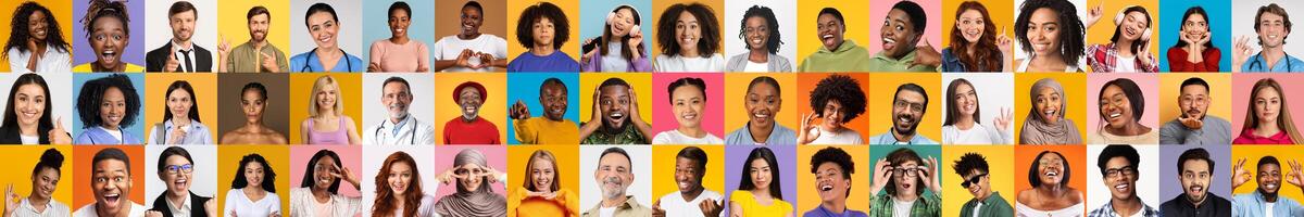 An engaging array of portraits features diverse individuals with joyful expressions against colorful backgrounds. Each face tells a unique story of multiracial and diverse identities. photo