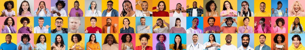 This collage features a vibrant collection of faces from different backgrounds, all displaying a range of joyful expressions against colorful backdrops, celebrating diversity and connection. photo
