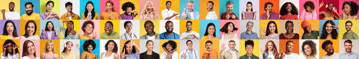 A vibrant collection of portraits featuring diverse individuals expressing happiness and warmth. Each face represents a unique background, reflecting unity in diversity against colorful backdrops. photo