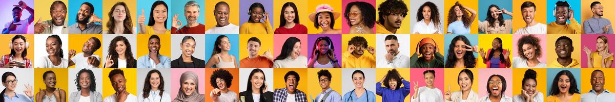 This vibrant collection features a set of portraits representing diverse individuals, each displaying unique expressions and styles against bright backgrounds. photo