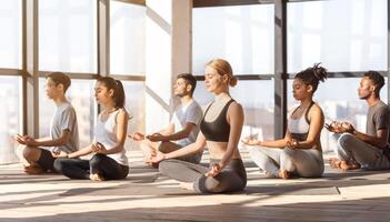 Group Yoga Practice. Relaxed Multiracial People Meditating With Closed Eyes In Studio Together, Free Space photo