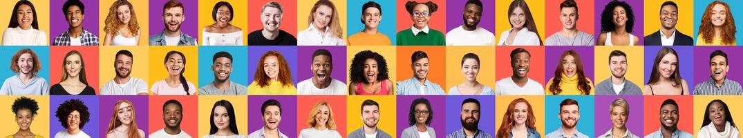 Collage of different real people portraits with smiling faces expressing positive emotions on colorful studio backgrounds. Panorama photo