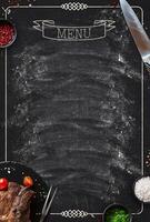 Design concept for restaurant meat and grill menu mockup. Black rustic chalkboard with white inscription and frame, top view, copy space for text and logo photo
