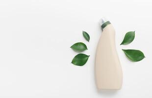Save the environment with using Eco Cleaning detergents, no SLS, bottle with mockup for label, white background, copy space photo