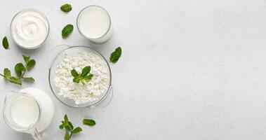 Bowls with curd, sour and jar with milk on white background, top view, copy space. Dairy nutrition concept photo