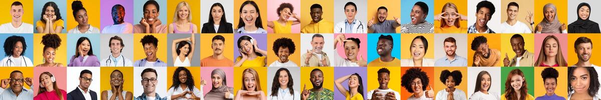 A lively collection of people from various backgrounds expressing happiness and individuality, captured against colorful backgrounds. Each face reflects a unique story in this vibrant set. photo