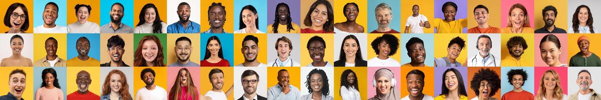 A lively collection showcases diverse individuals smiling and engaging against bright, colorful backgrounds. Each face represents a unique story and reflects a vibrant lifestyle. photo