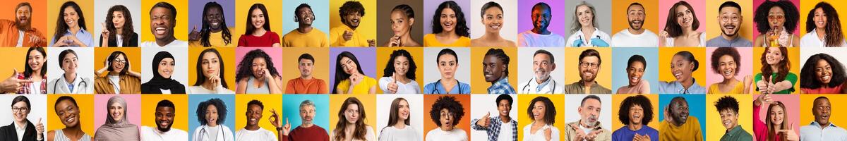 A lively collage featuring diverse individuals from various backgrounds showcasing joyful expressions. Each portrait reveals unique styles and characteristics against vibrant, colorful backgrounds. photo