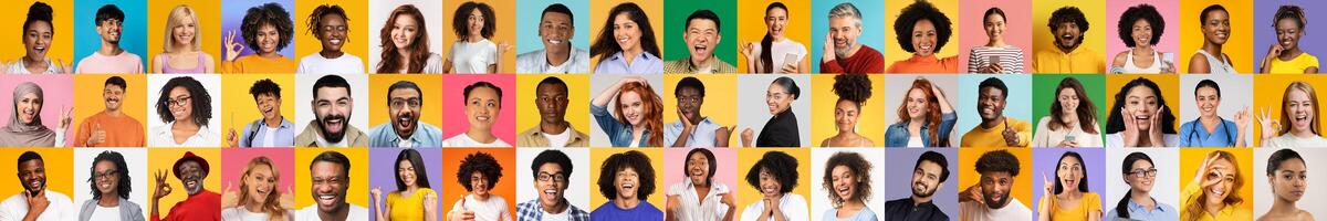 This colorful collage showcases a diverse group of individuals, each expressing happiness. Their unique features and styles highlight the beauty of diversity and unity. photo