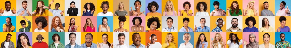 A vibrant collage displays diverse individuals from various backgrounds, highlighting their unique features and expressions against colorful backgrounds, celebrating diversity and inclusivity. photo