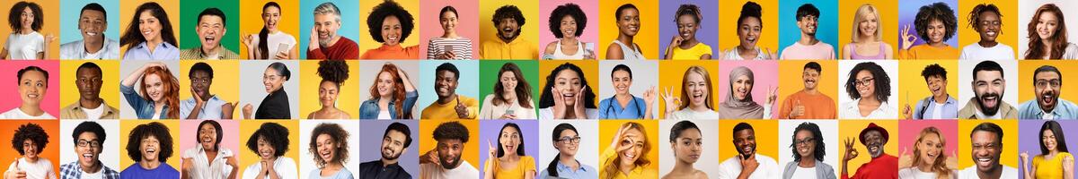 A lively collection of portraits featuring diverse individuals smiling and displaying joy against colorful backgrounds. This set captures the essence of diverse lifestyles and shared happiness. photo
