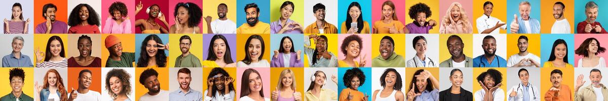 This lively collage captures diverse individuals expressing joy and connection against colorful backgrounds. Each face represents different cultures and lifestyles, celebrating unity in diversity. photo