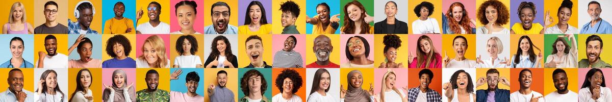 This lively collage features a diverse collection of faces, showcasing individuals from various backgrounds smiling and sharing joyful moments. The portraits highlight inclusivity and happiness. photo