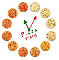 Pizza delivery company logo template with sample text. Clock made by many pizzas. Pizza time concept, example for pizza box. Italian food watch with clock hads in italian colors. Variety of pizza. photo