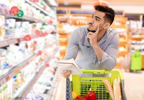 Thoughtful Middle Eastern Man Doing Grocery Shopping Calculating Expensive Prices Holding Shopper List And Looking Aside At Shelf With Food Products Standing With Shop Cart In Supermarket photo